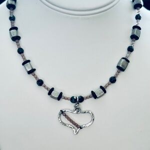 Purple & Silver Necklace with Stainless Steel Hammered Heart Necklace